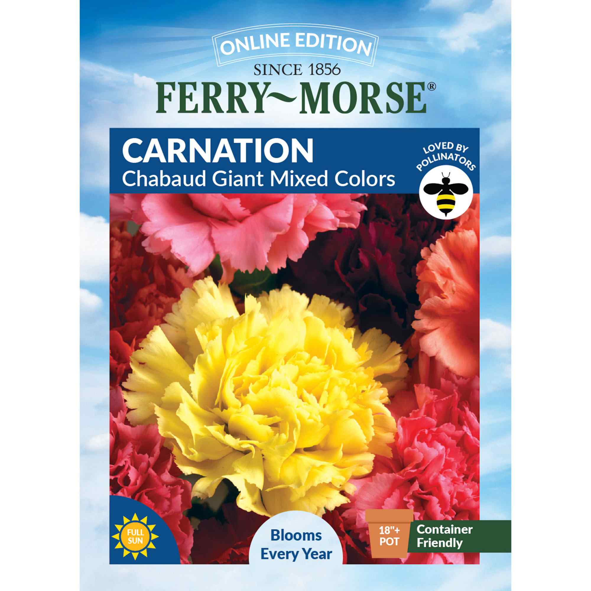 Ferry-Morse carnation seed packet with colorful flowers on a blue sky background